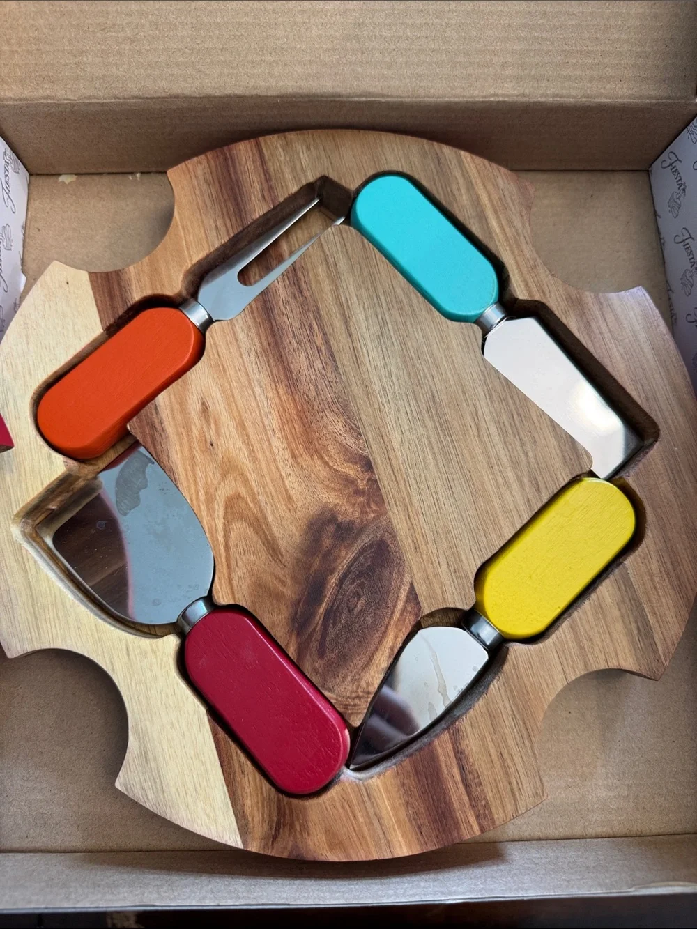 Fiesta Acacia Wood Cheese Board & Multicolor Tool Set - Red, Yellow, Blue, Pink